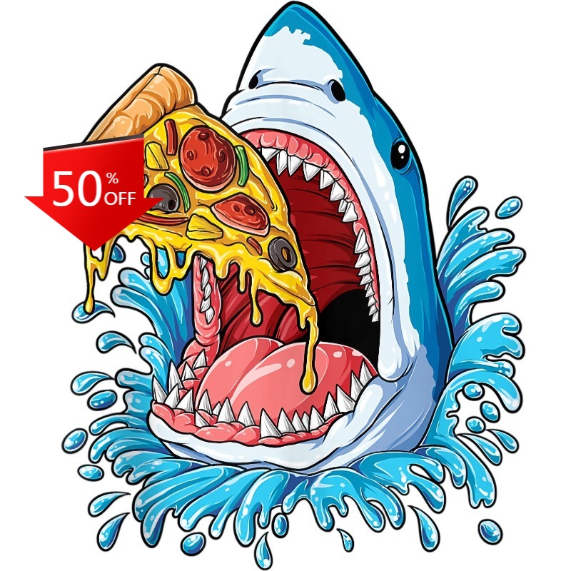 Food Snacks To Eat - สติกเกอร์ฉลากป้องกันรูปฉลามกินพิซซ่า ขนมขบเคี้ยว รสเปปเปอโรนี ลายกรามฉลาม การ์ตูน