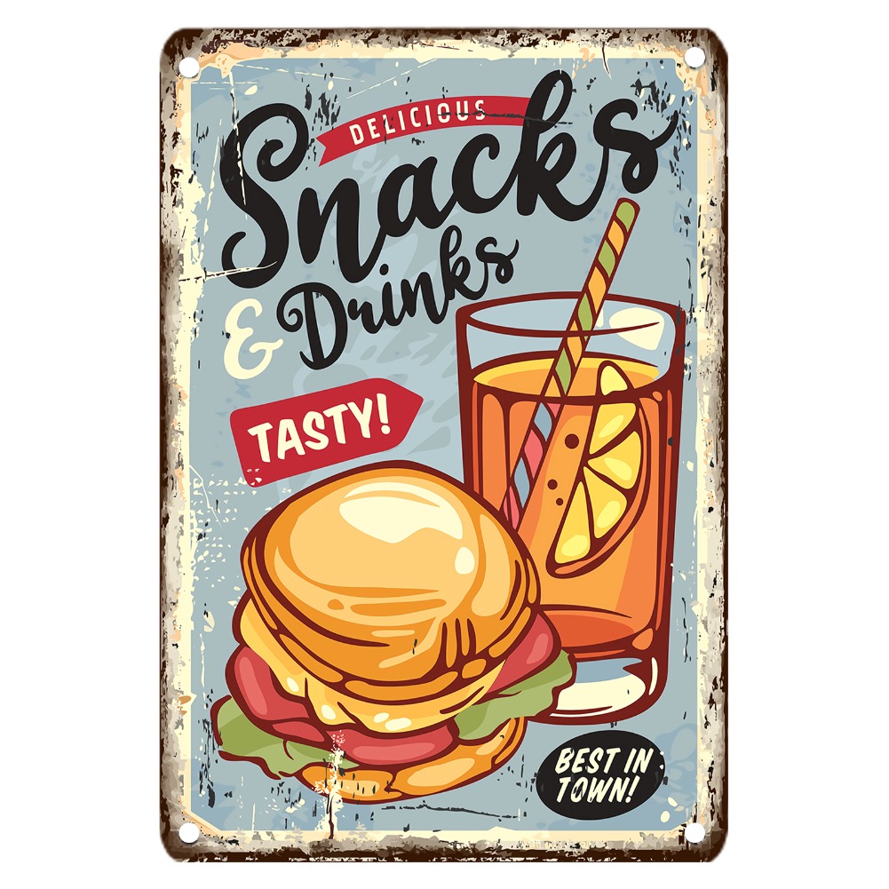 Food Snacks Easy - ป้ายโลหะวินเทจลายอาหาร ขนาด 12x8 นิ้ว ของตกแต่งผนังเหล็ก ดีไซน์ขนมและเครื่องดื่มย้อนยุค